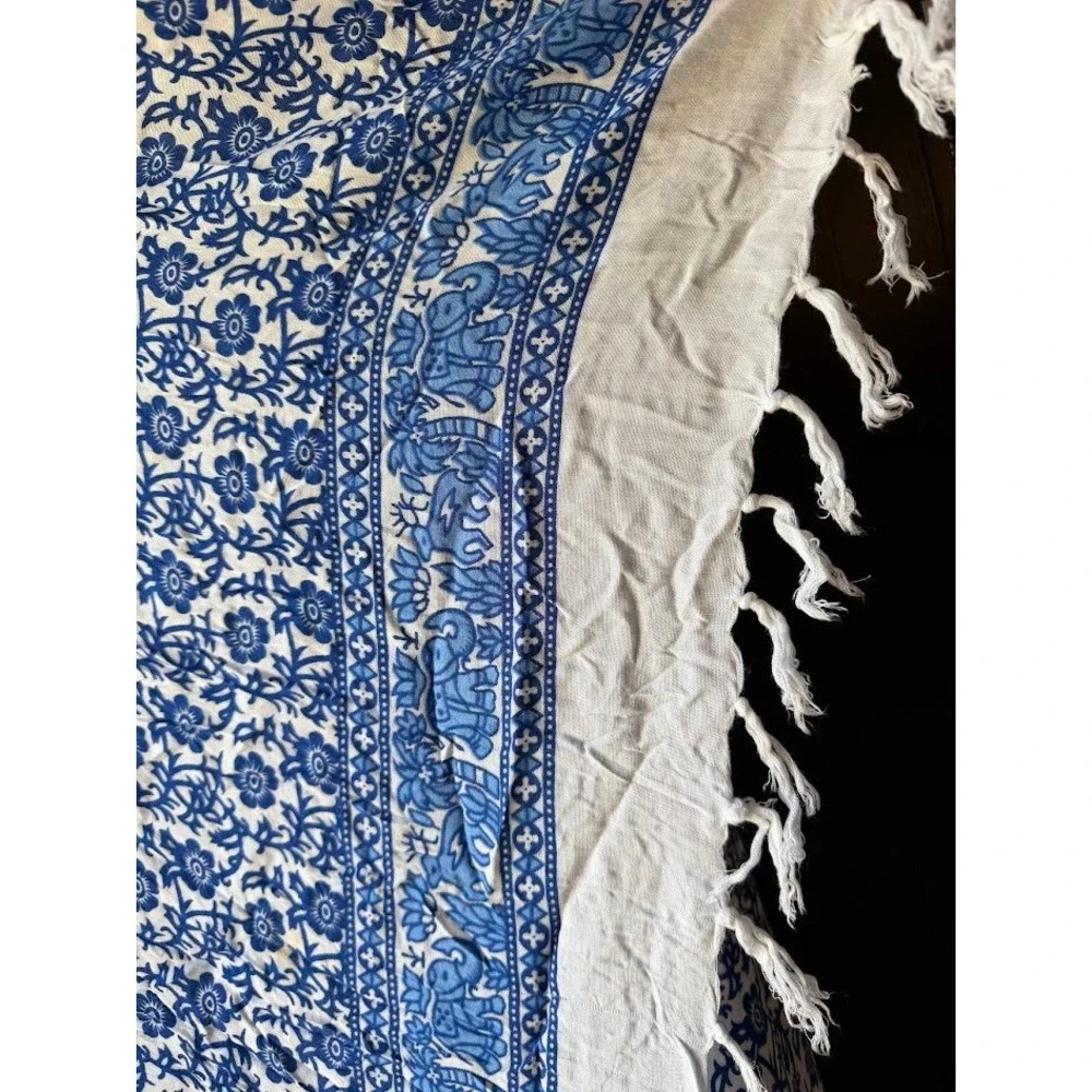 Blue White Mandala Elephant Print Sarong Wrap Beach Cover Up Fringe Tassel Shawl